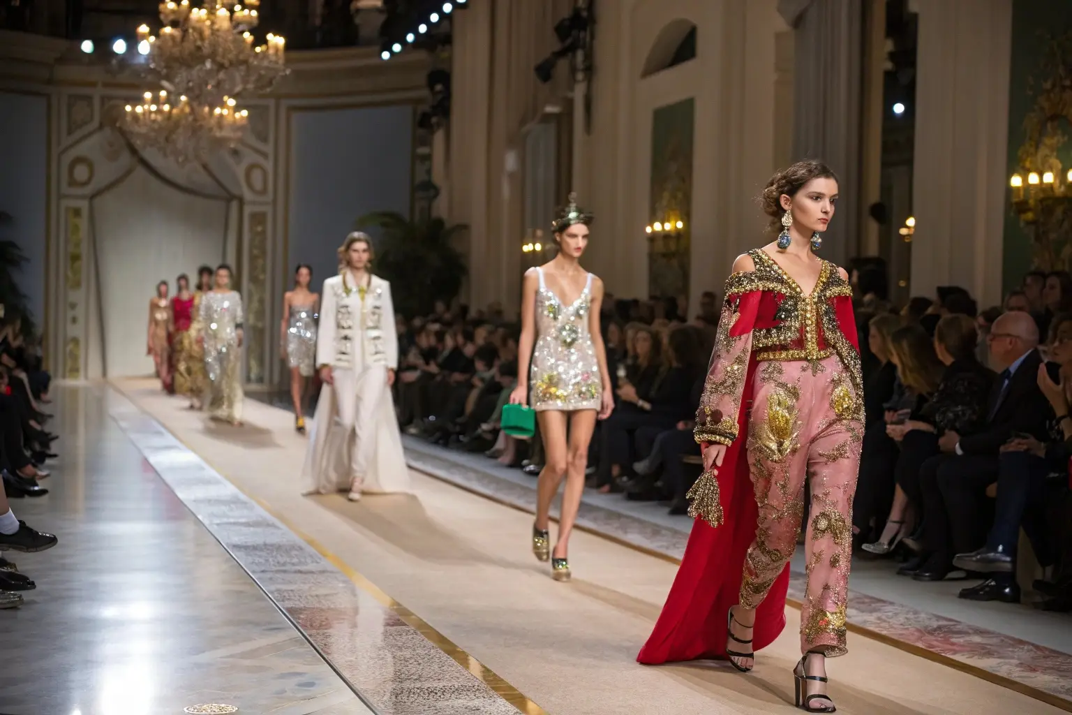 Runway fashion show featuring luxury designer outfits