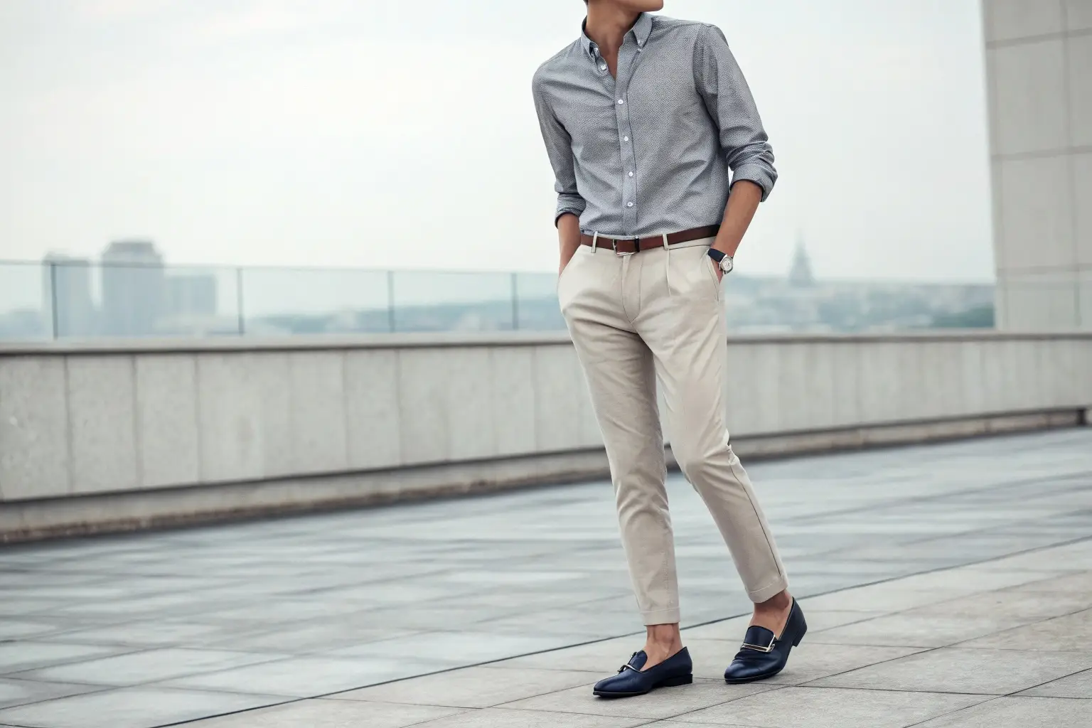 Modern men's outfit with slim-fit trousers and dress shirt