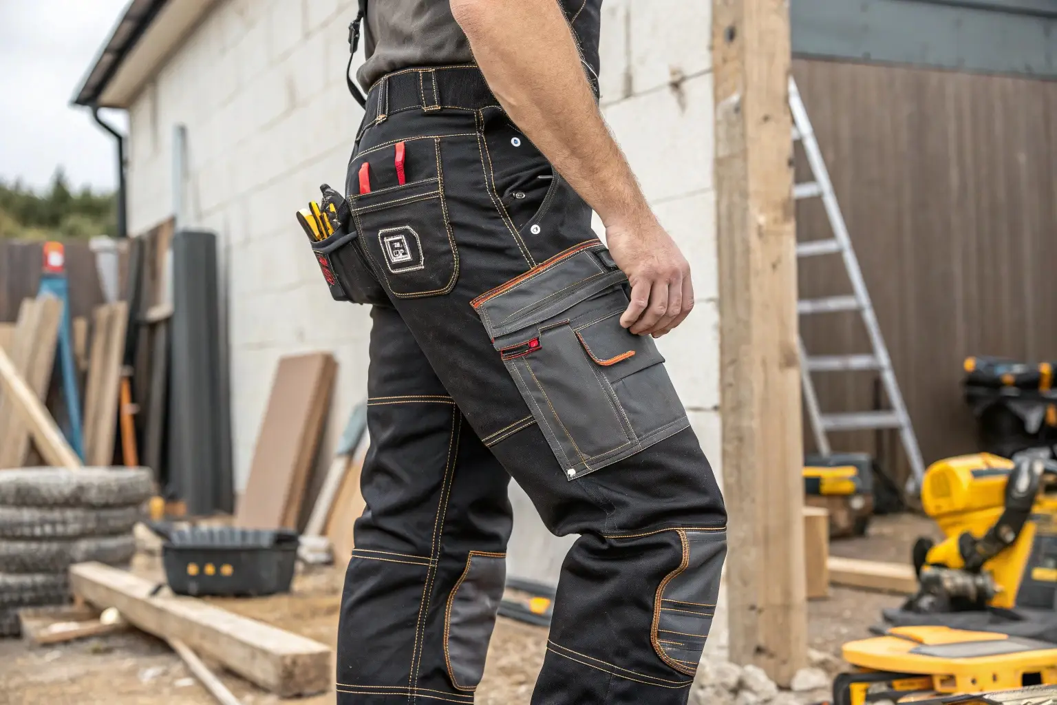 Durable work pants with reinforced pockets for construction