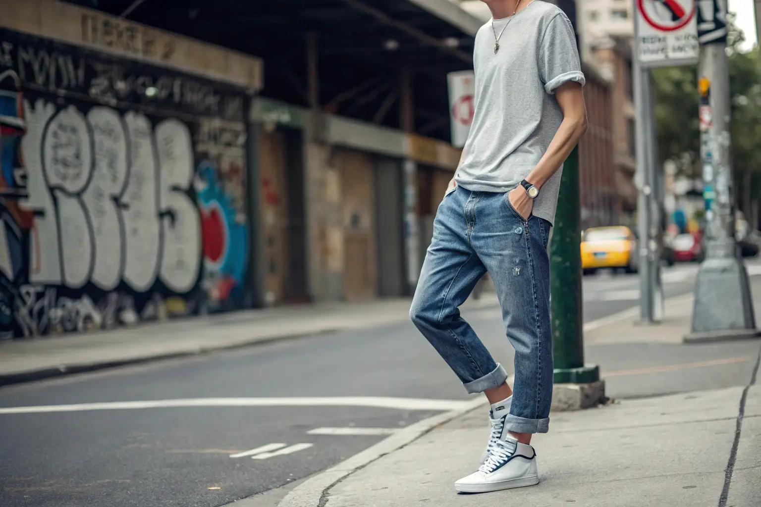 Casual streetwear outfit with relaxed-fit jeans and sneakers