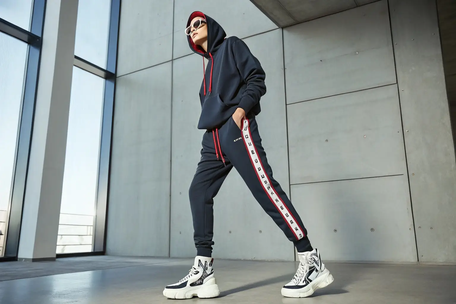 Trendy sportswear outfit with hoodie and joggers