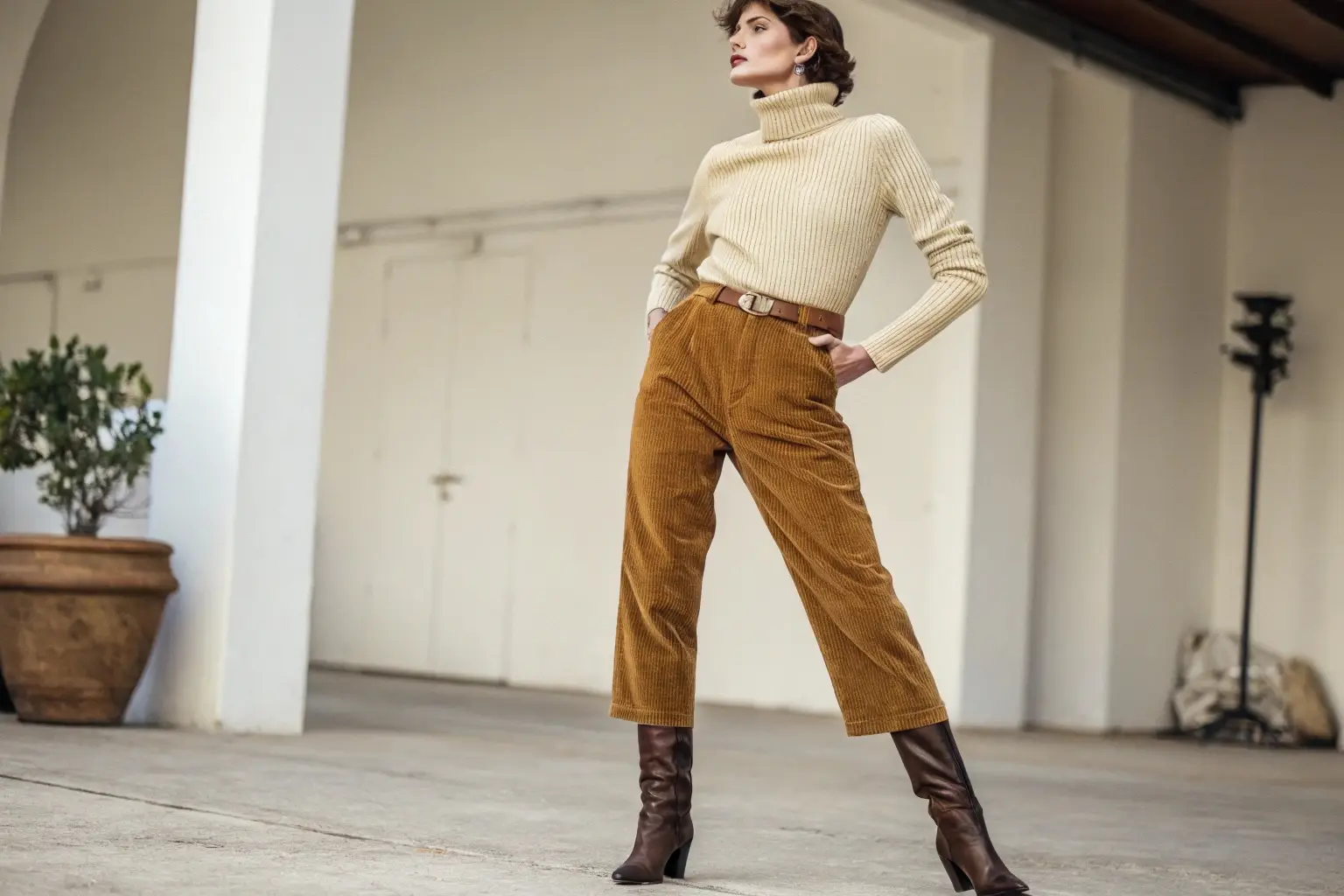 Chic autumn outfit with turtleneck sweater and corduroy pants