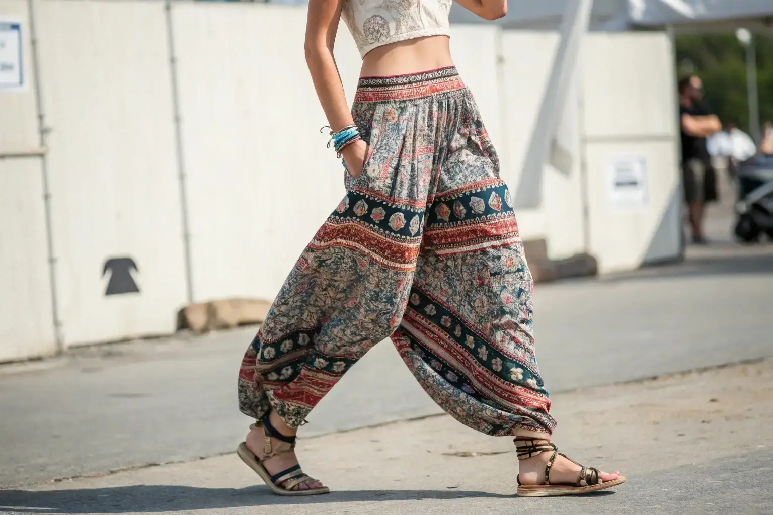 Bohemian-style harem pants with intricate patterns