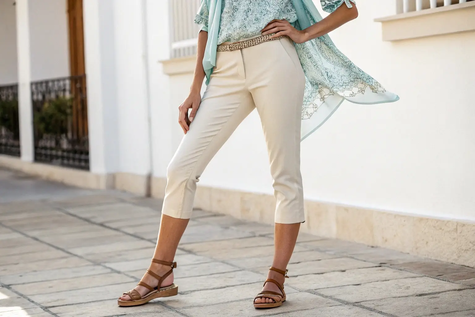 Elegant cropped pants paired with a flowy summer blouse