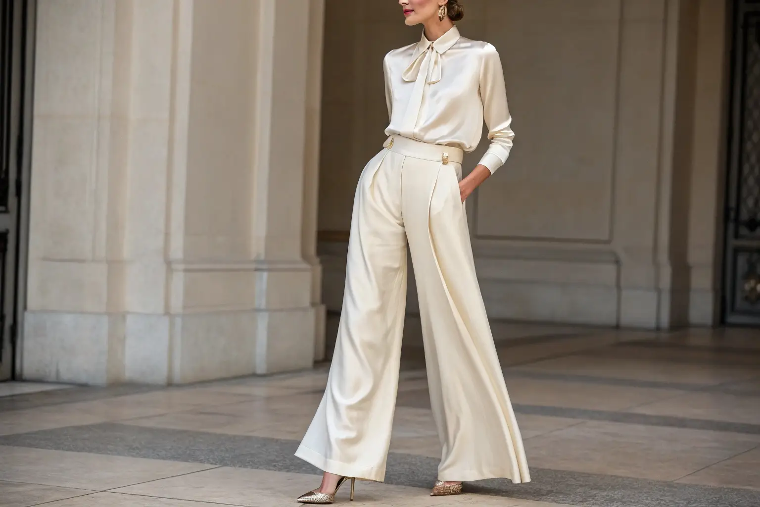 Elegant wide-leg trousers paired with a silk blouse