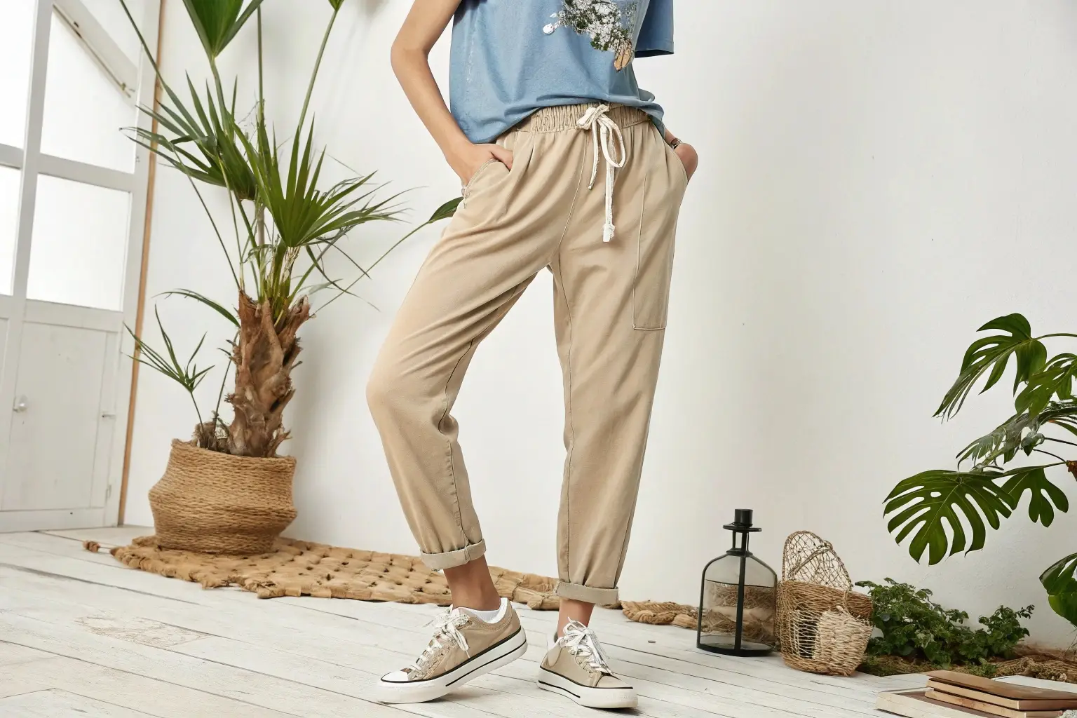 Casual beige jogger pants for women, perfect for everyday wear