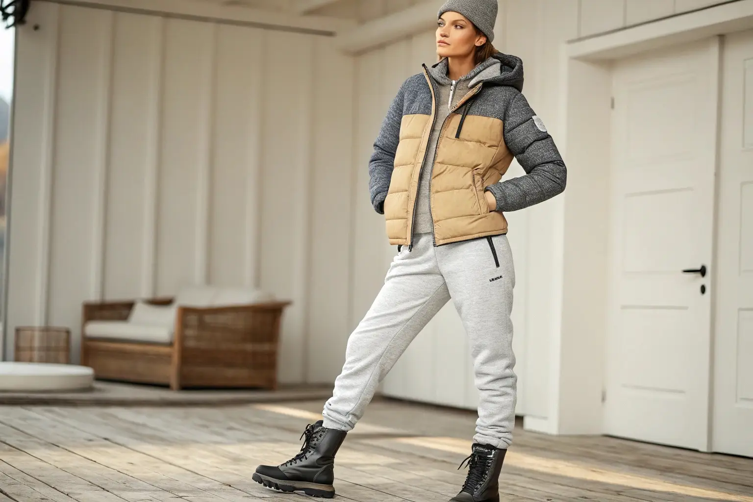 Women's winter outfit with puffer jacket and joggers, warm and stylish
