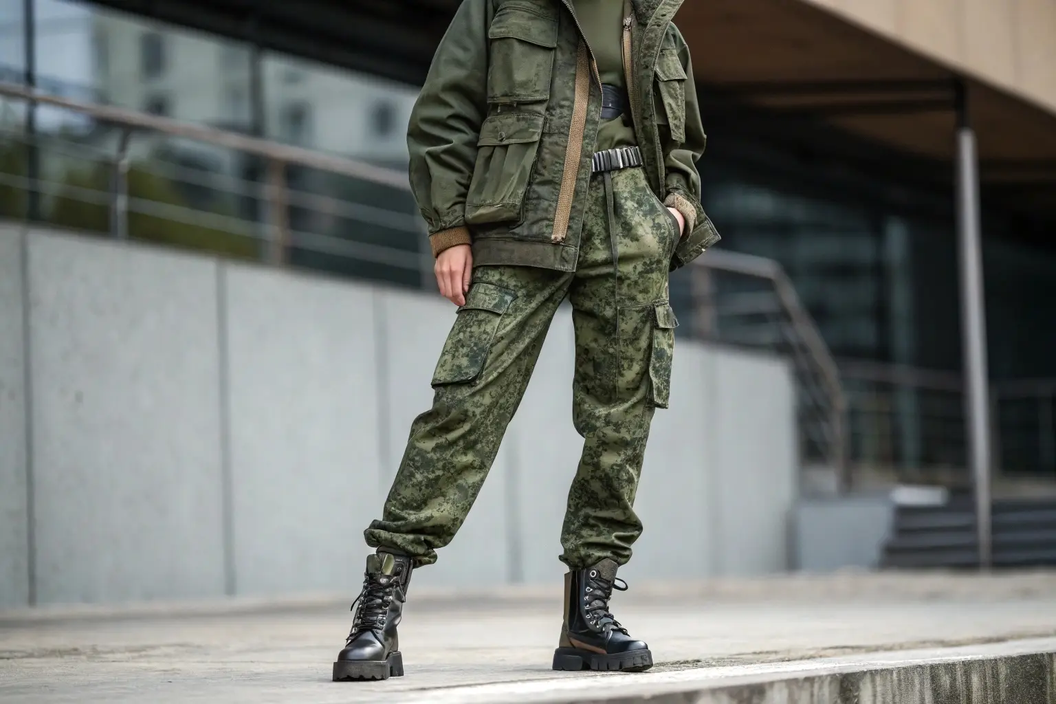 Women's military-style cargo pants with tactical jacket, rugged and durable