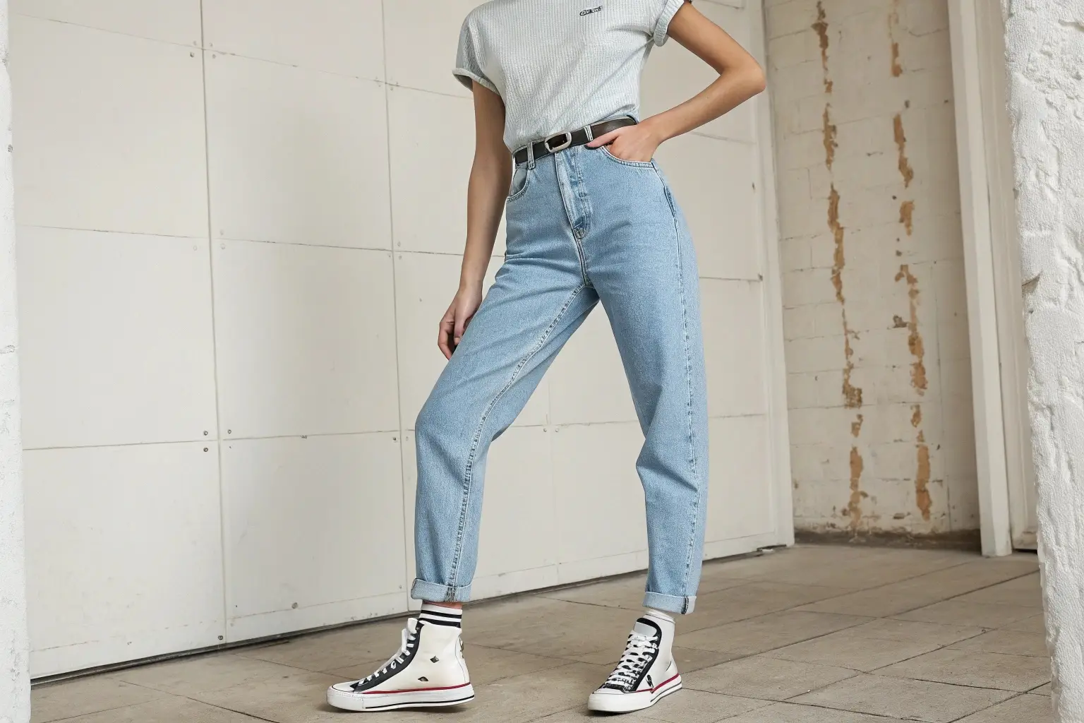 Women's high-waisted mom jeans, casual and trendy denim style