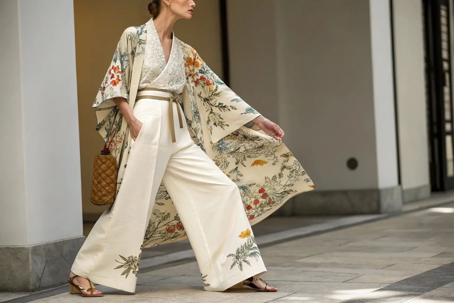 Elegant women's floral kimono with wide-leg trousers, sophisticated and chic