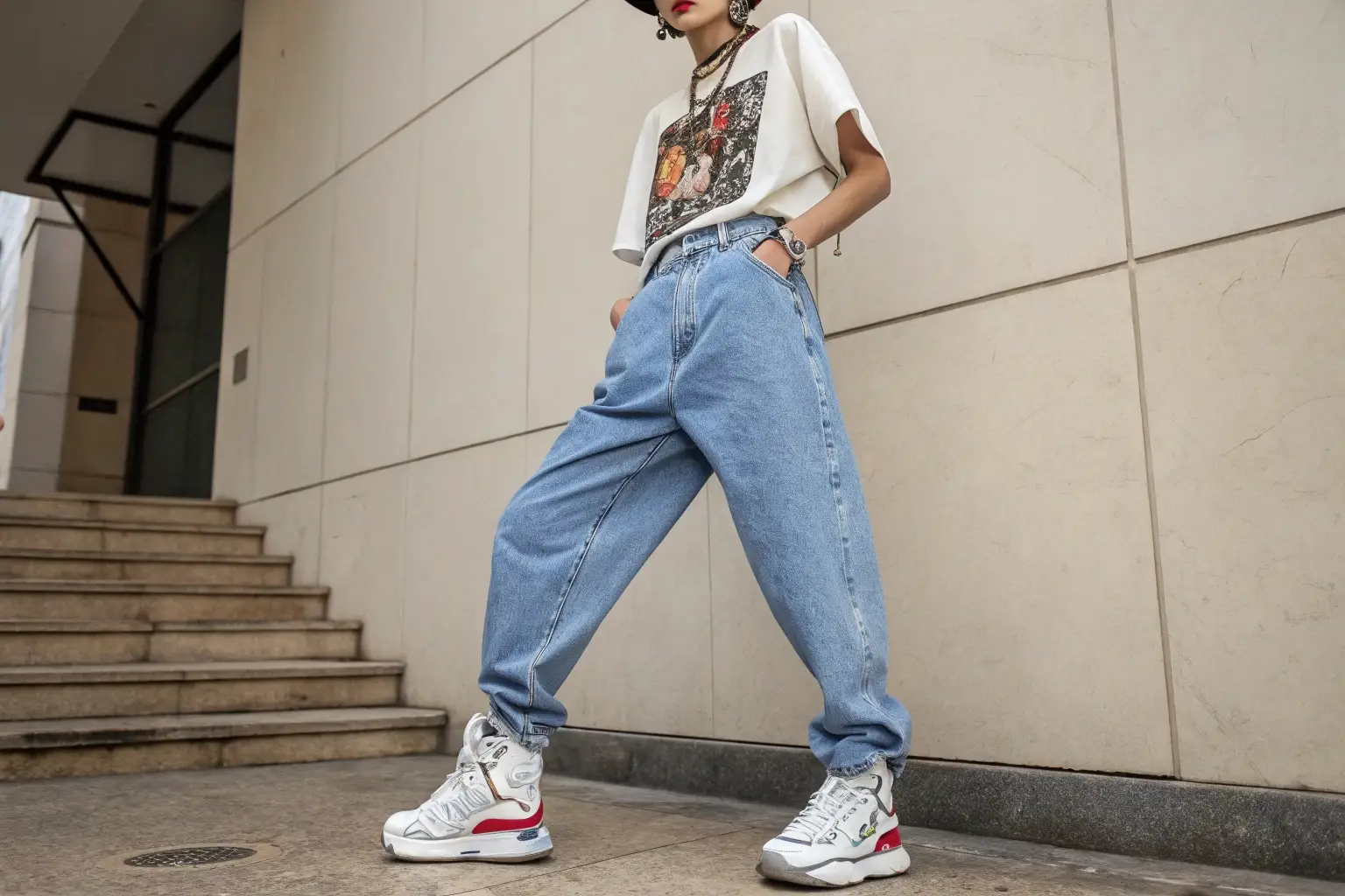 Women's baggy denim jeans, trendy streetwear style with oversized fit