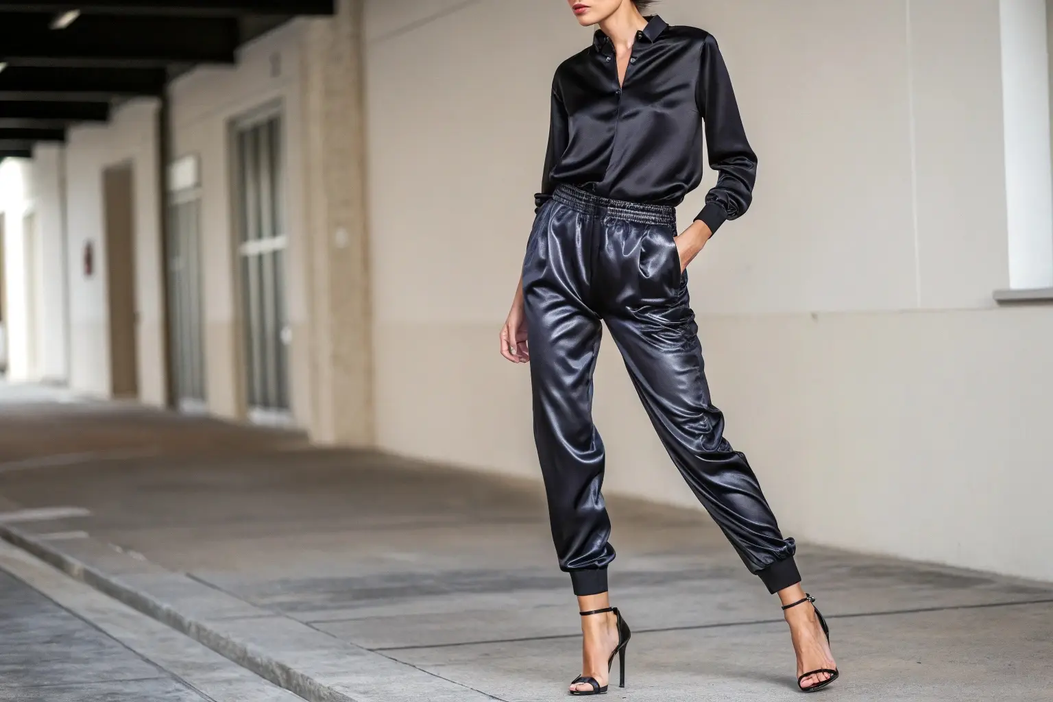 Women's black satin jogger set, elegant and stylish loungewear