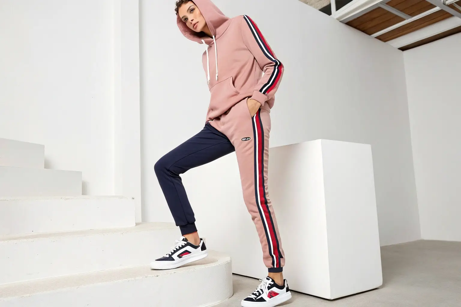 Women's color-blocked tracksuit with striped design, sporty and trendy