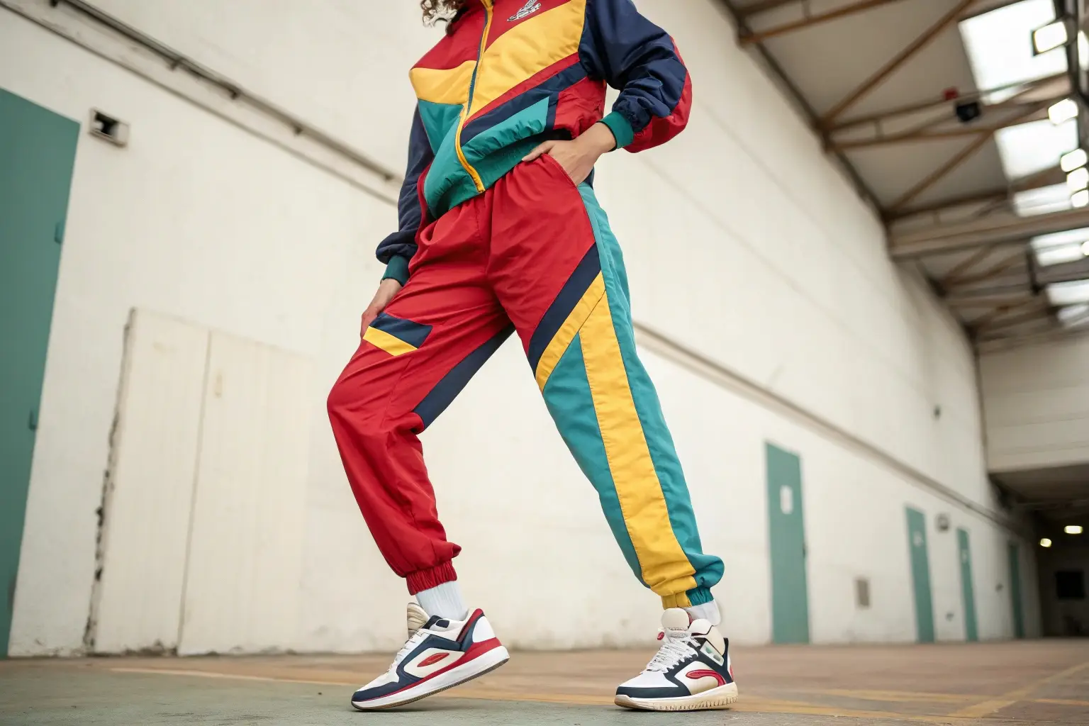 Retro color-blocked tracksuit, vibrant and sporty streetwear
