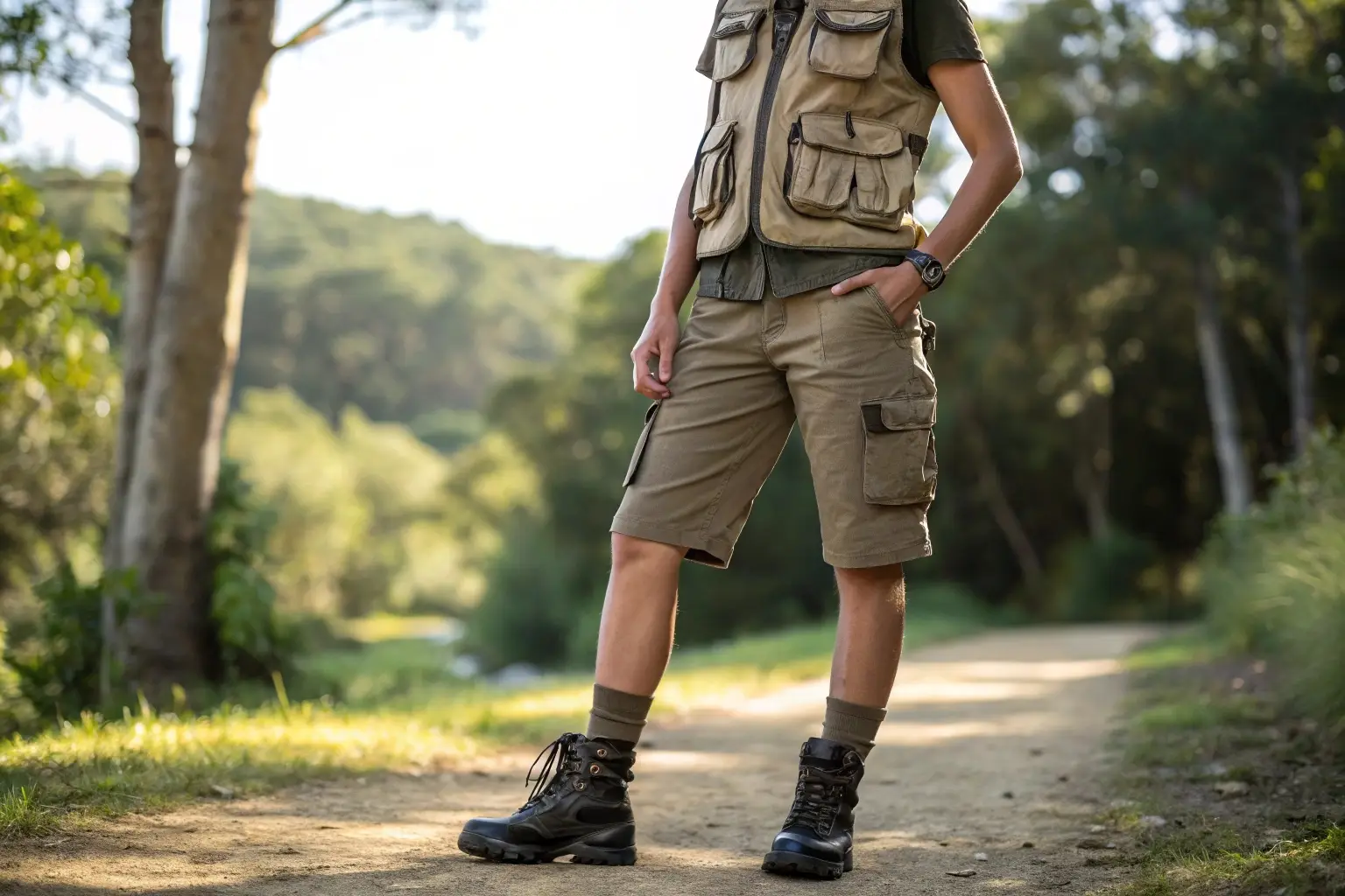 Men's cargo shorts with multi-pocket vest, perfect for outdoor adventures