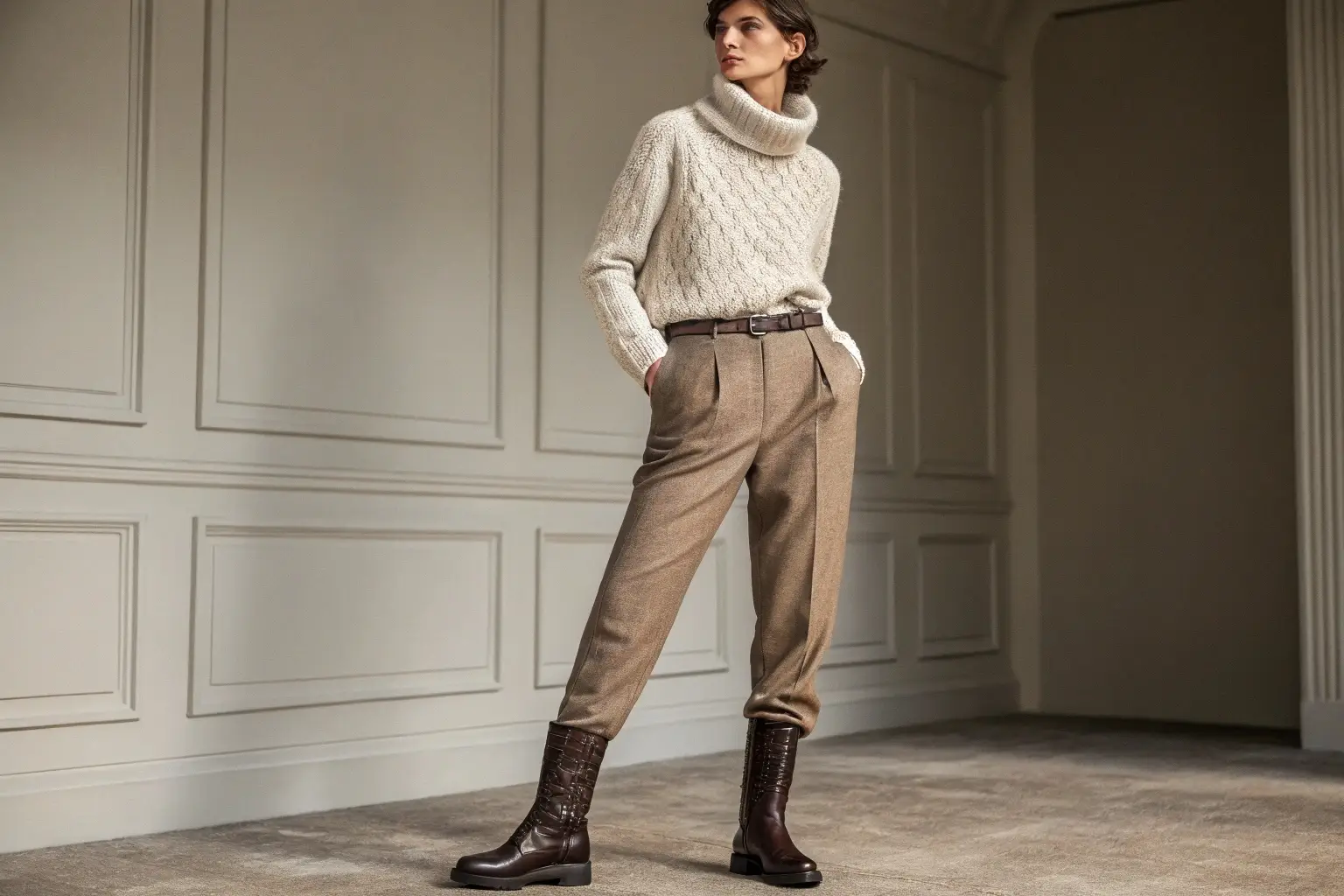 Women's wool trousers with turtleneck sweater, elegant and cozy winter outfit