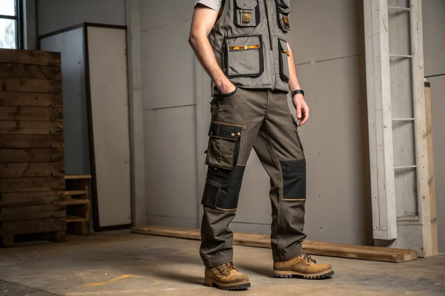 Men's durable work pants with utility vest, ideal for construction and labor