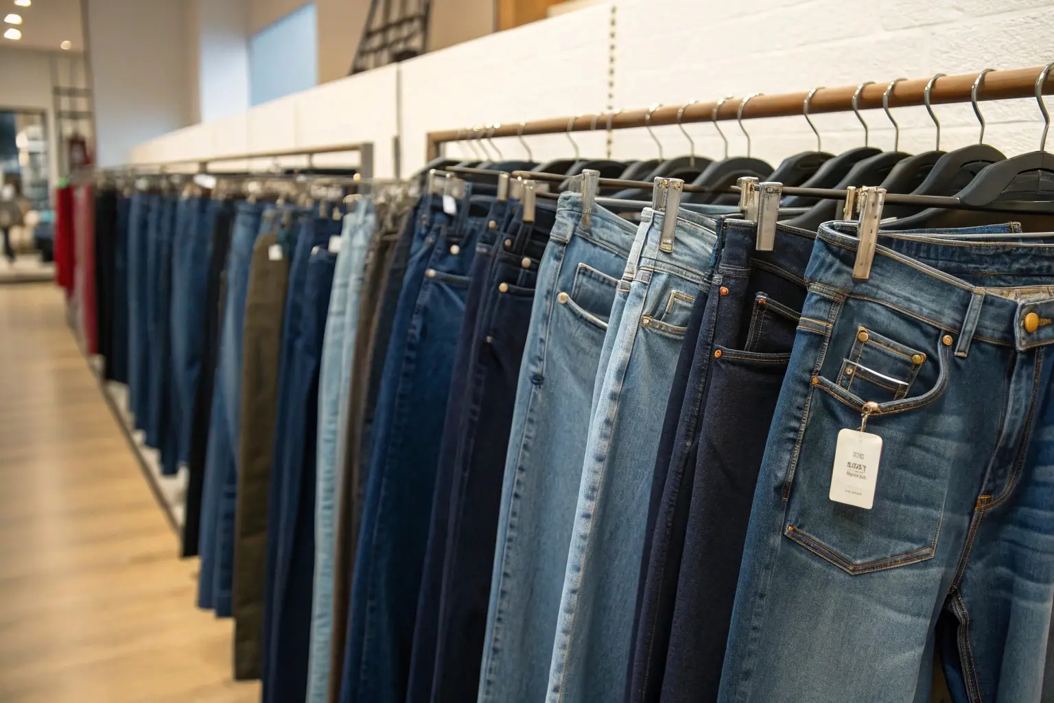 Variety of denim jeans hanging in a clothing store display