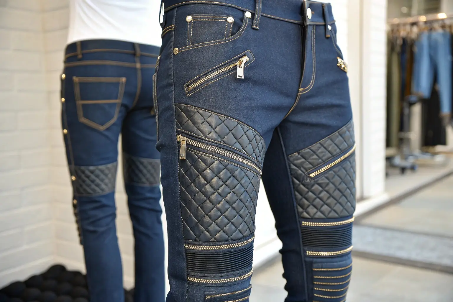 Men's biker jeans with quilted leather panels and zipper details, edgy fashion