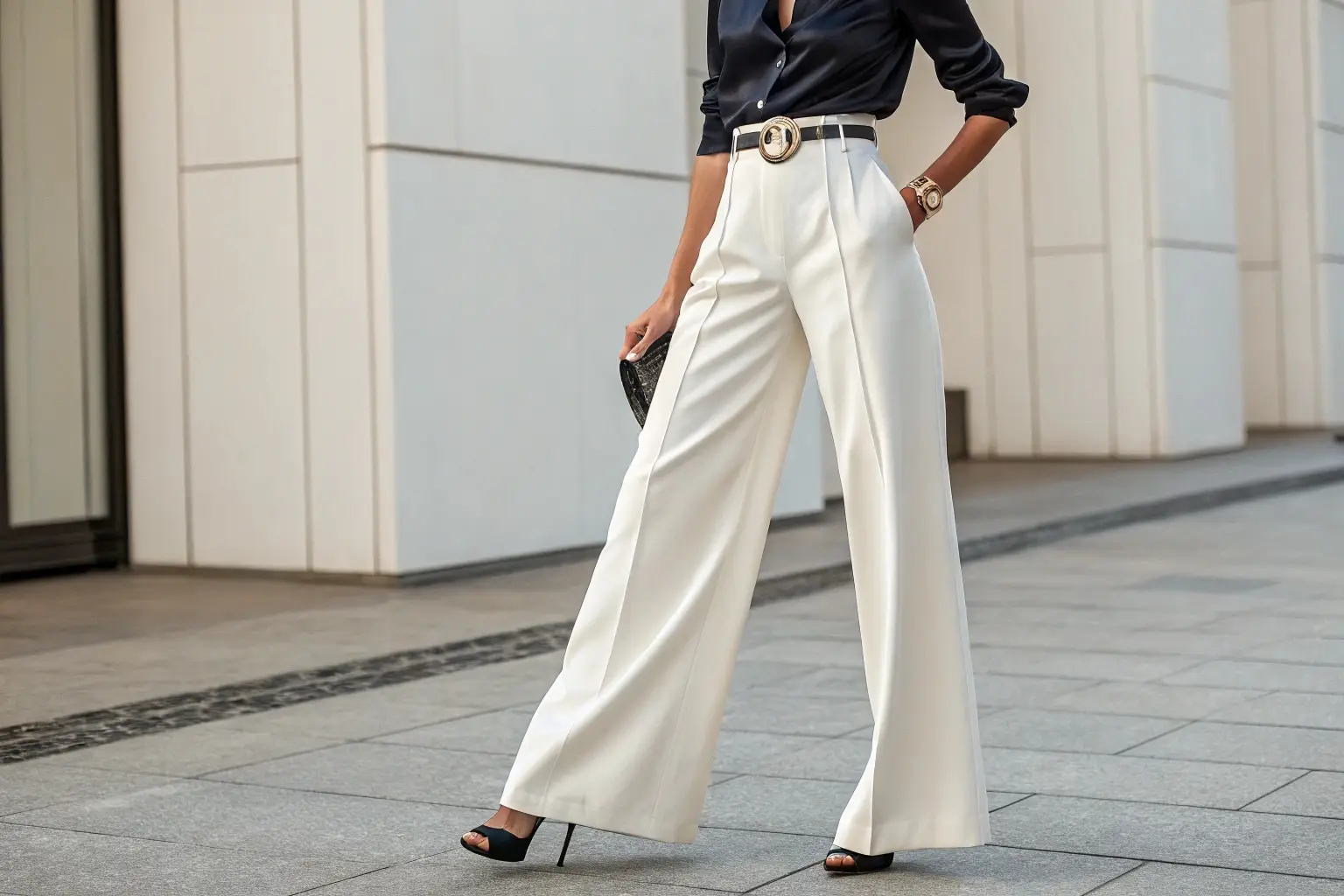 Elegant wide-leg trousers paired with a satin blouse