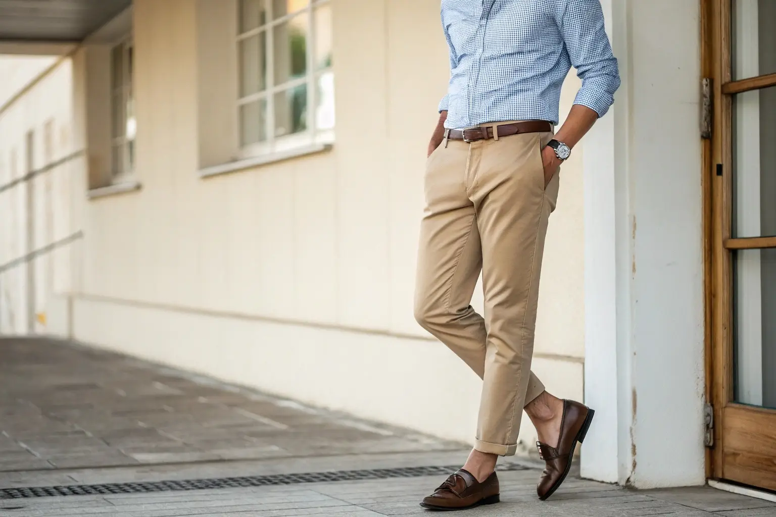 Stylish men's outfit with chinos, dress shirt, and leather loafers