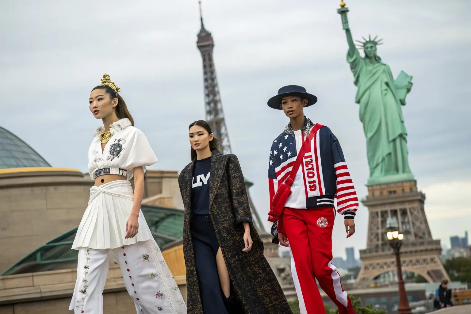 Fashion runway, models showcasing international designer outfits