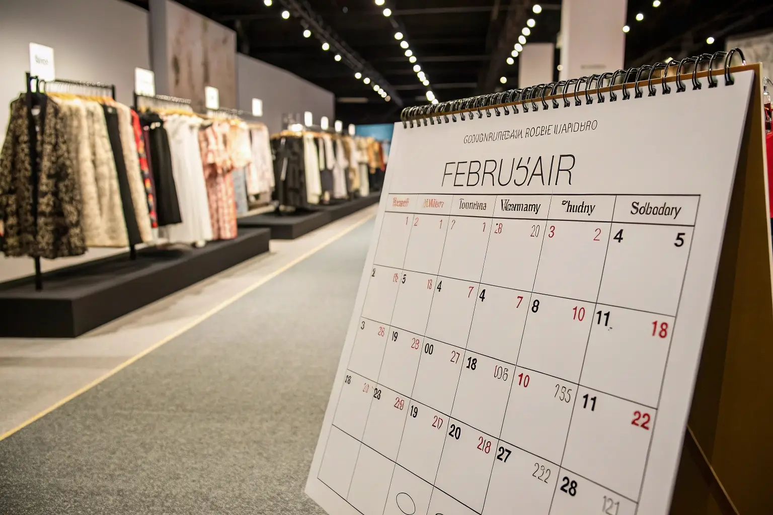 Fashion exhibition, clothing display with event calendar