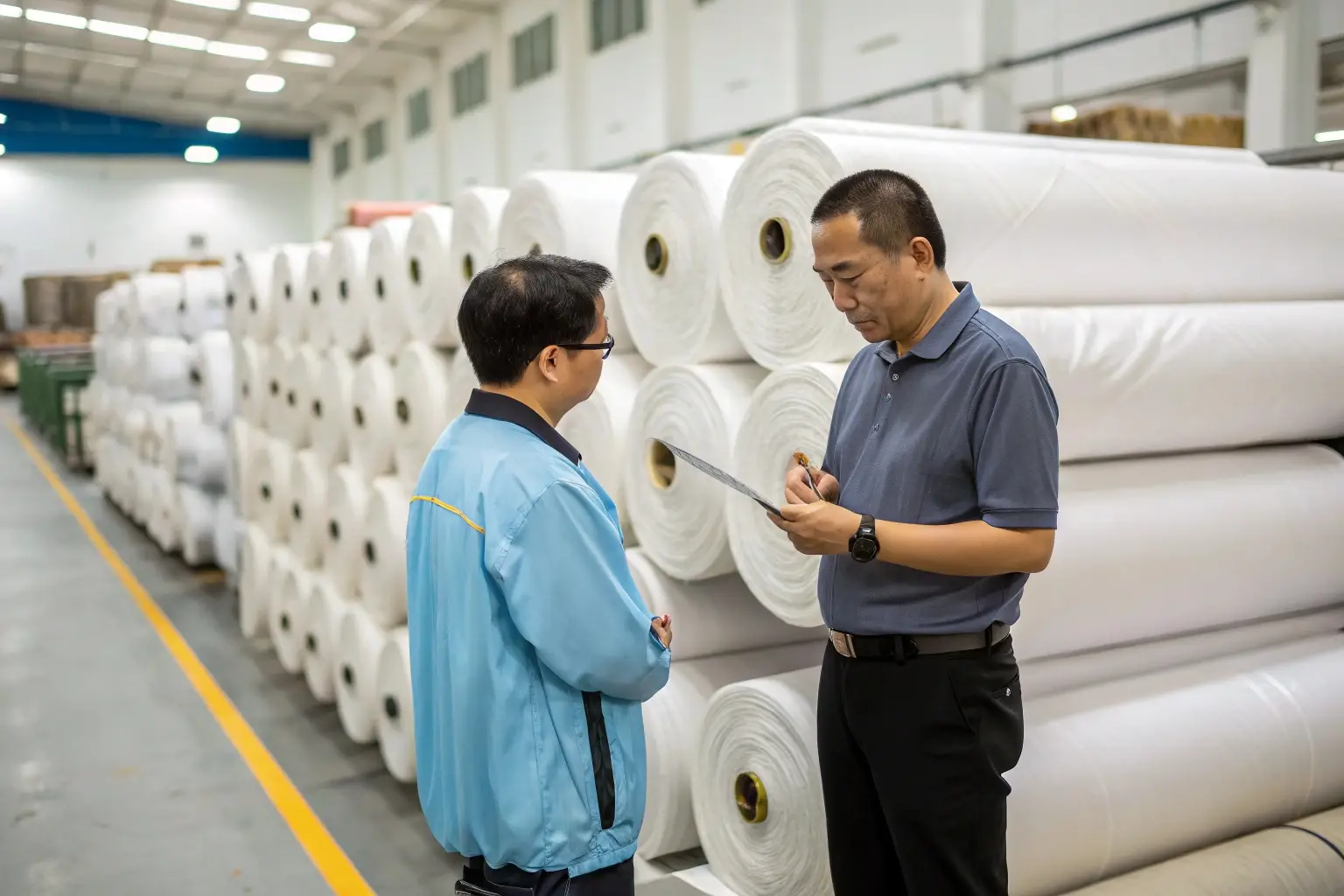 Textile factory, workers inspecting fabric rolls in production warehouse