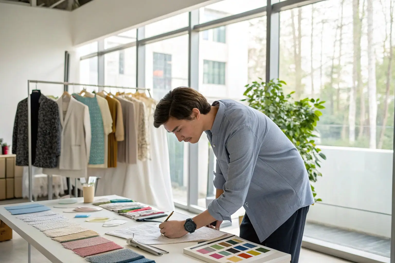 Fashion designer, working with fabric samples and clothing colors