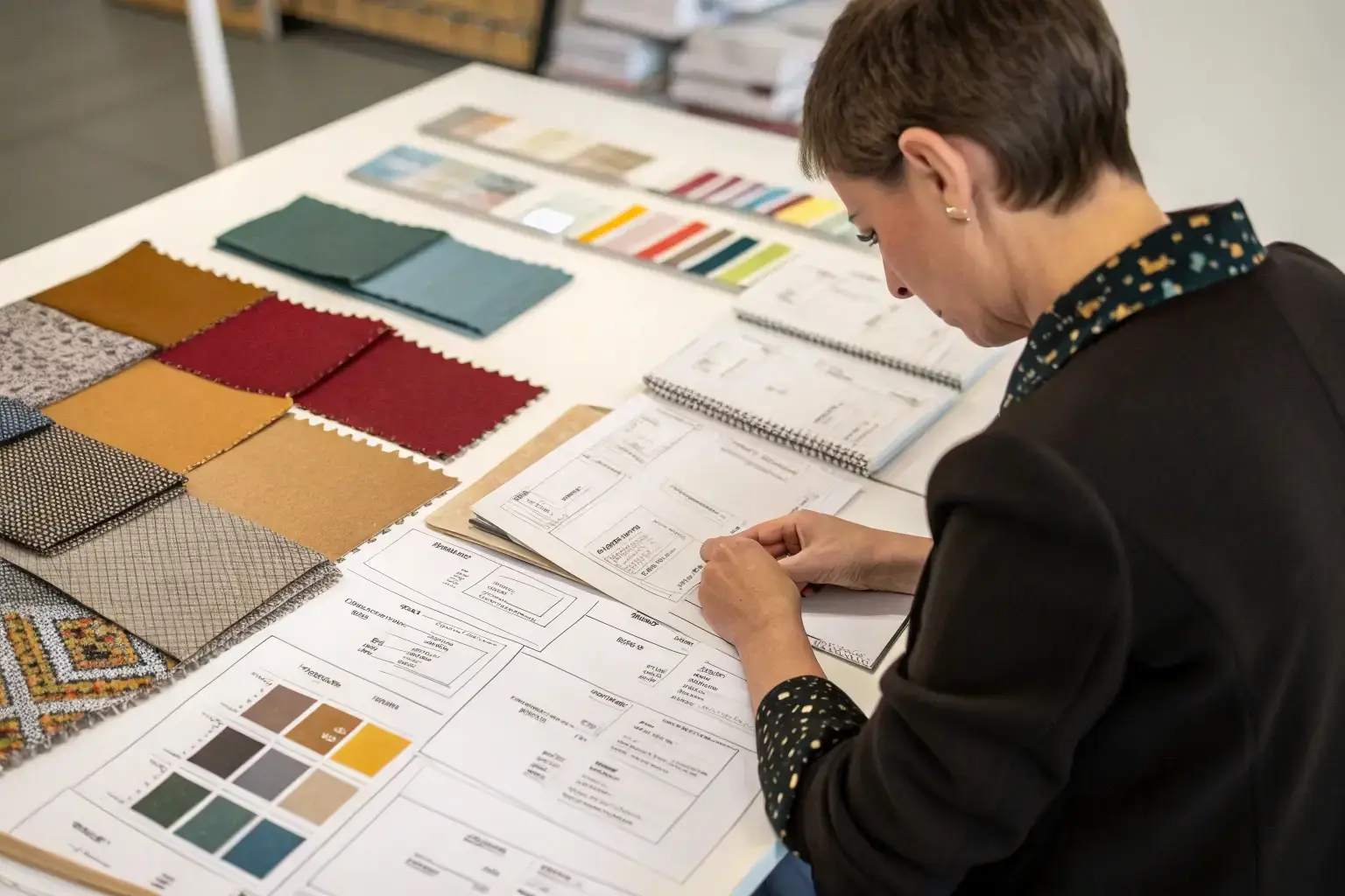 Textile design, fashion professional reviewing fabric samples and color charts