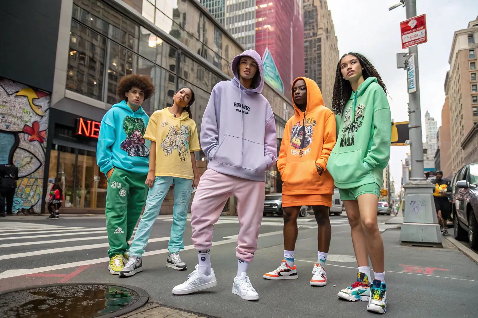 Streetwear fashion, models showcasing urban clothing styles