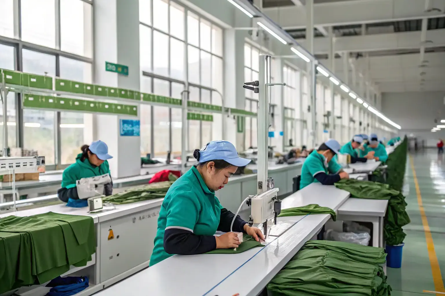 Garment factory, workers sewing clothing in large production facility