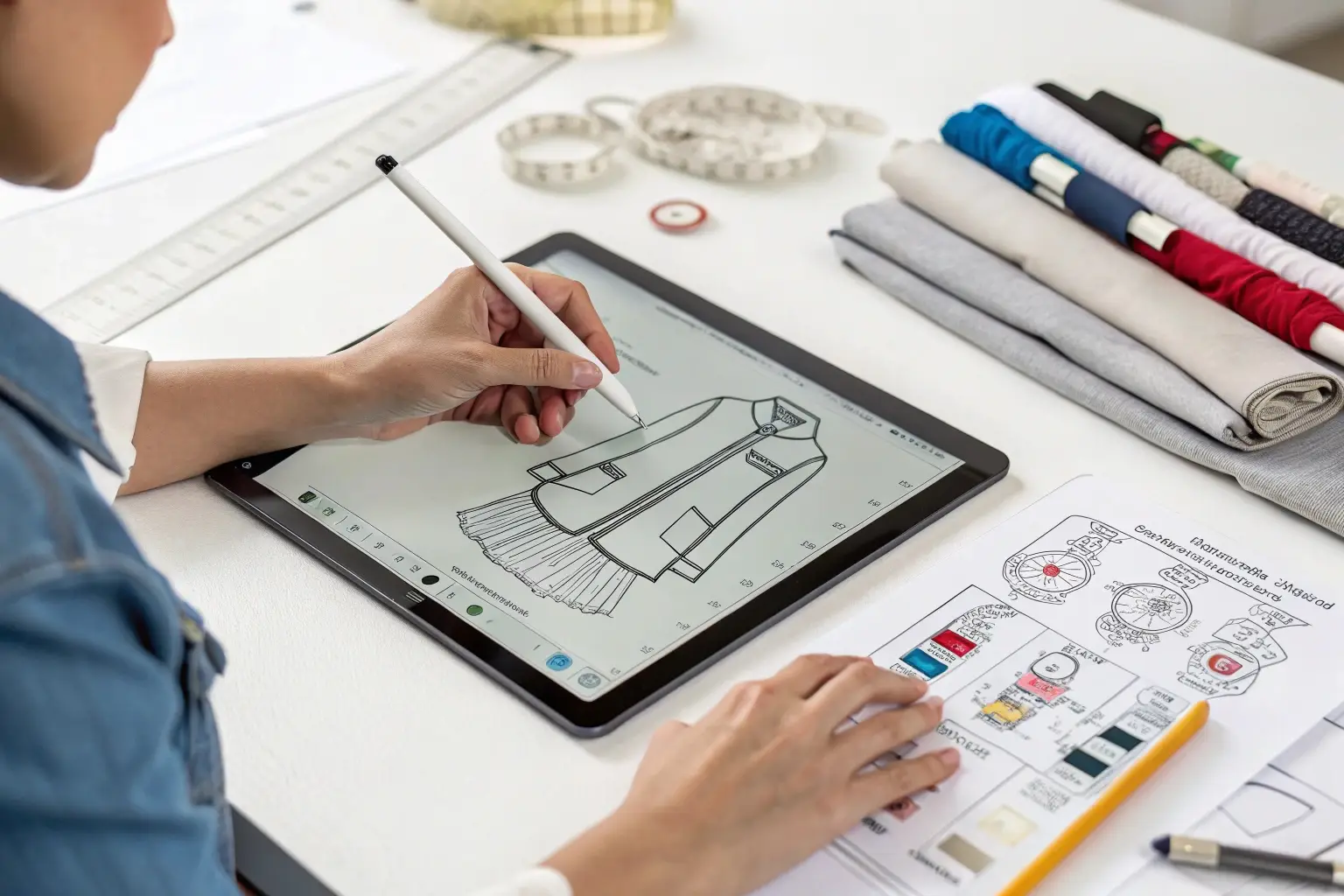 Digital fashion design, designer sketching clothing on tablet