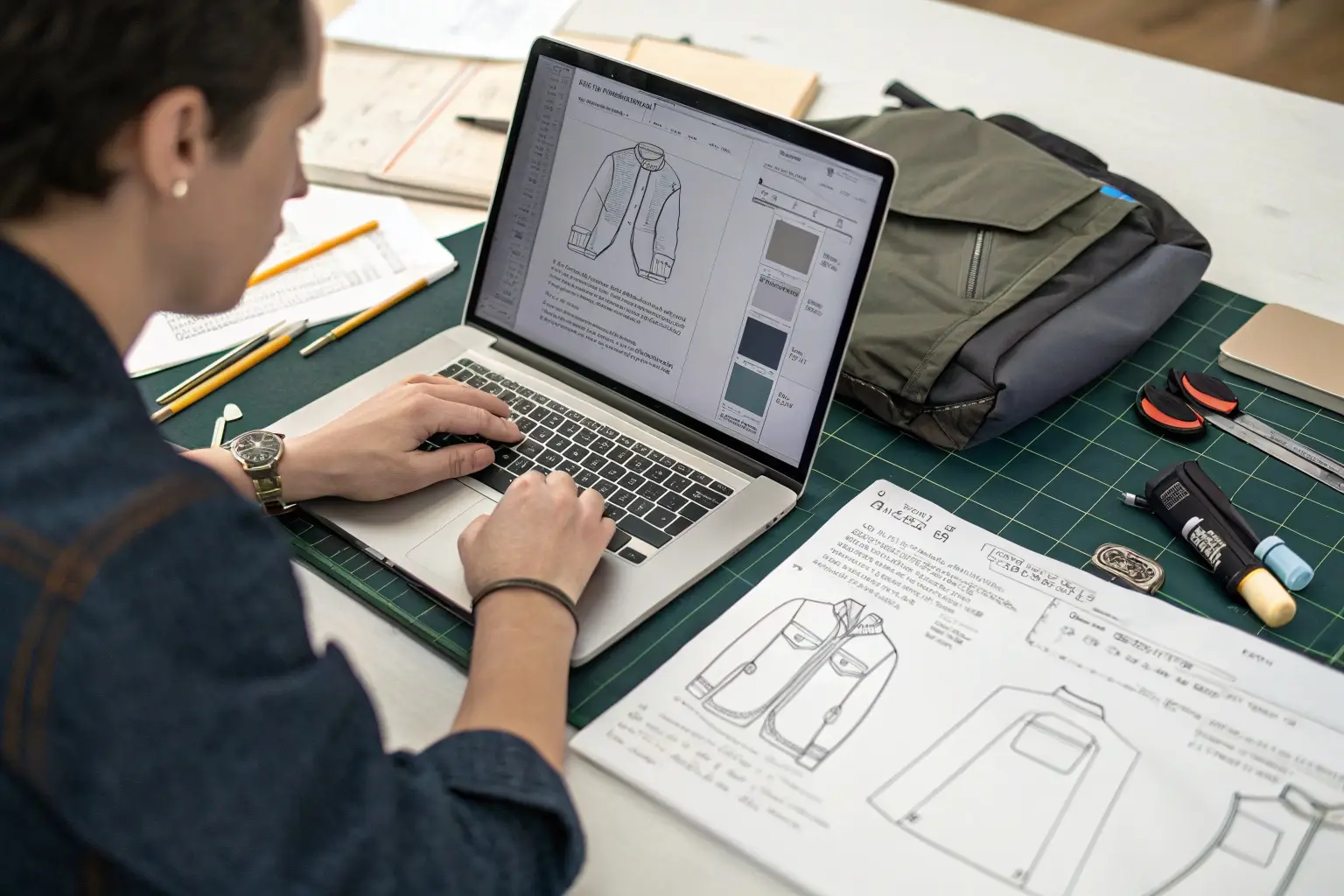 Fashion designer, creating technical clothing sketches on laptop
