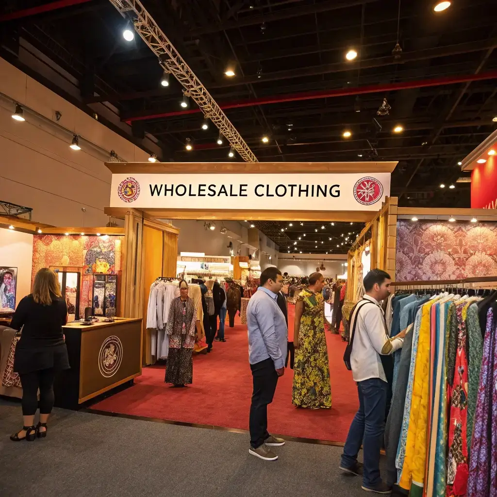 Wholesale clothing exhibition booth, showcasing garments for bulk buyers