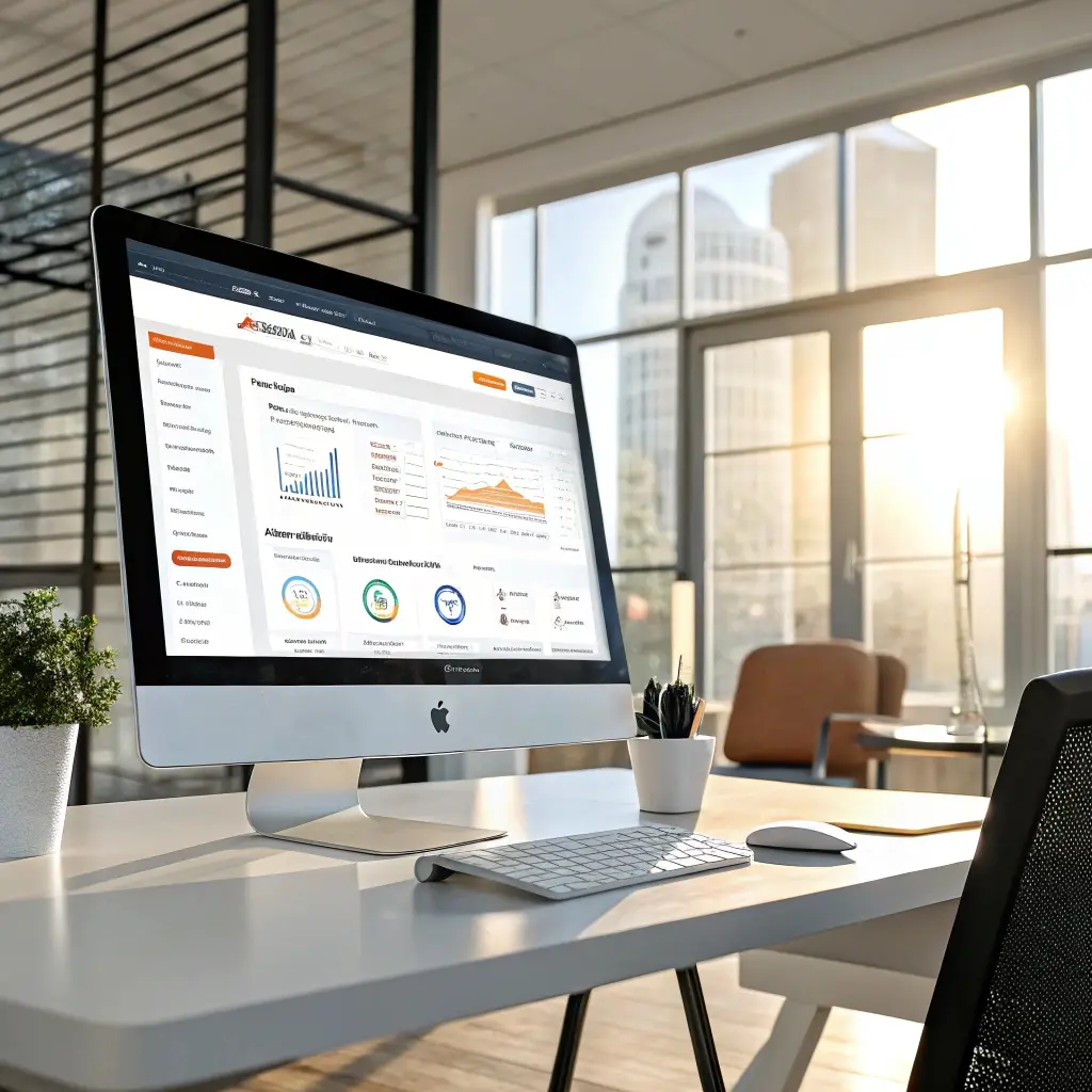 Modern office with a computer displaying analytics software, sunlight streaming through windows