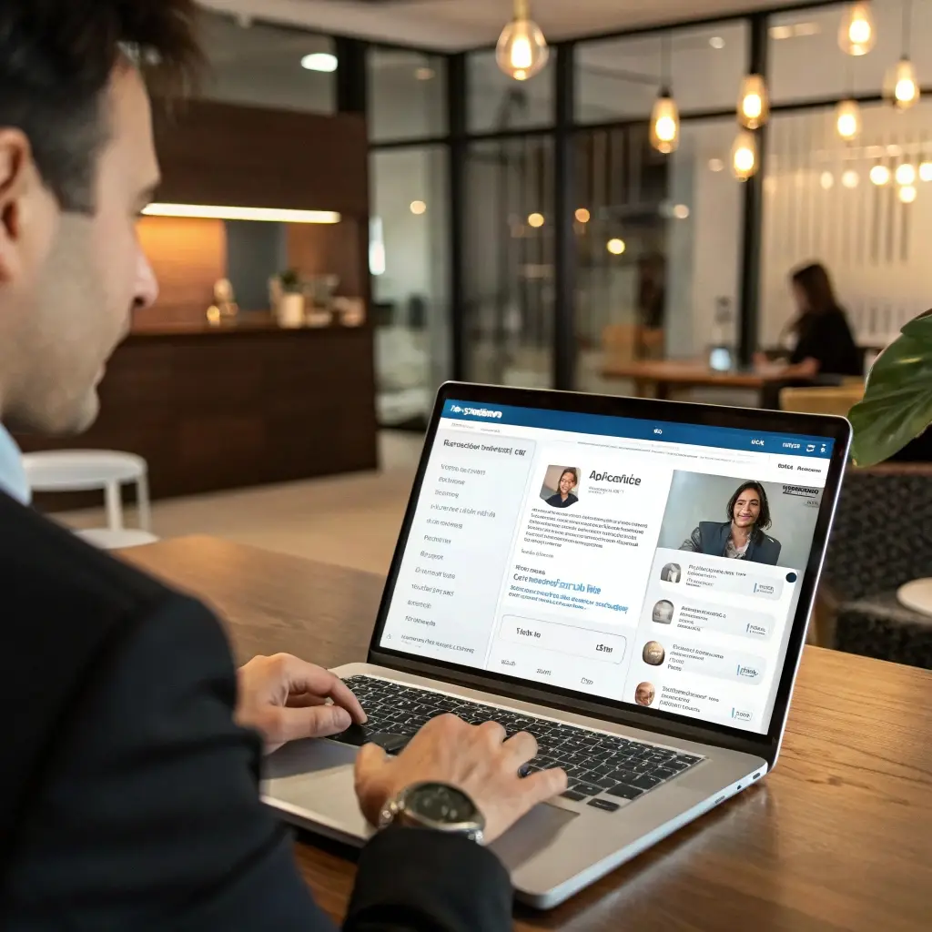 Businessman using a laptop for recruitment or professional networking in a coworking space
