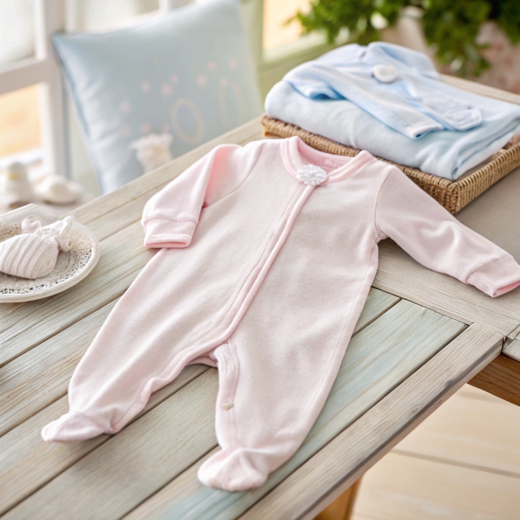 Pink baby jumpsuit on table, premium and soft material