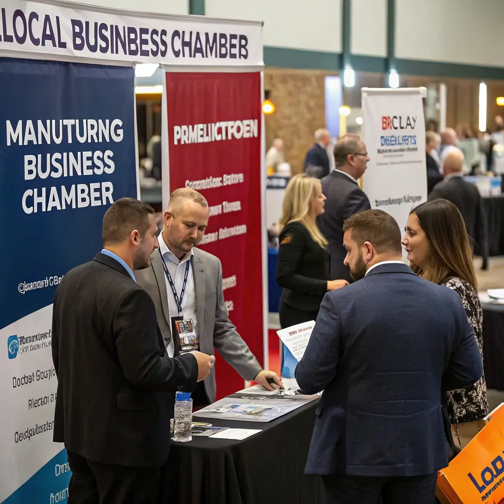 Business professionals networking at a local business chamber event with informative booths