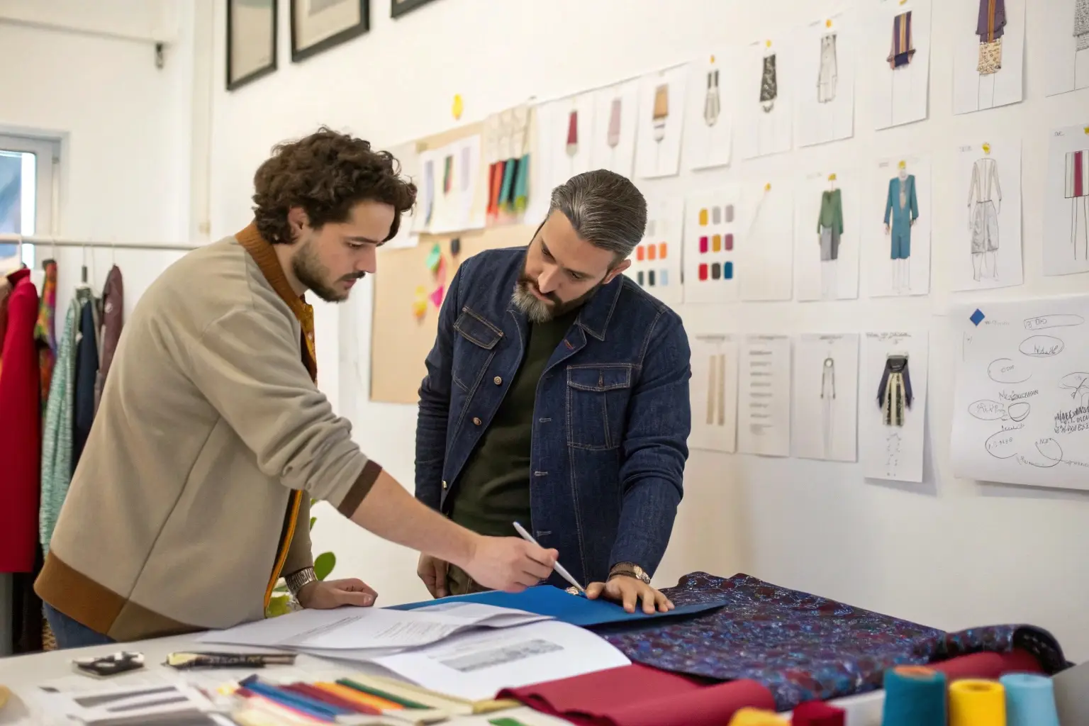 Fashion designers, discussing fabric selection and sketches
