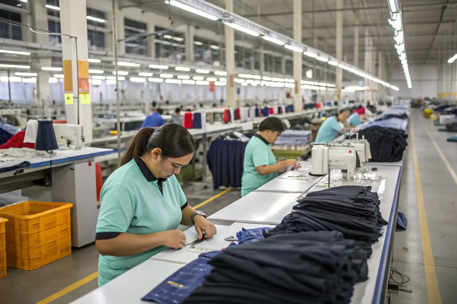 Garment factory, workers assembling clothing production