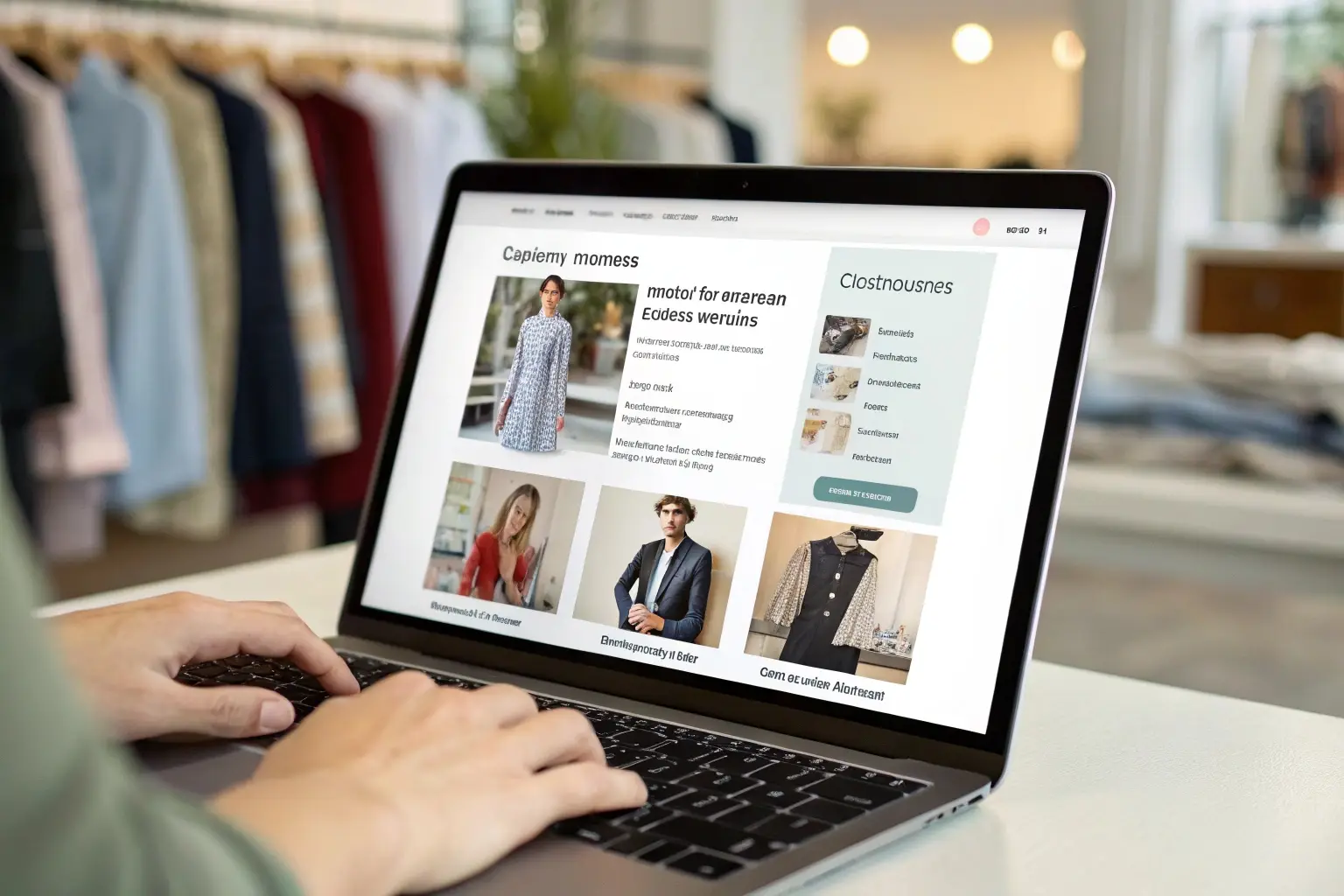 Online fashion store, browsing clothing options on laptop