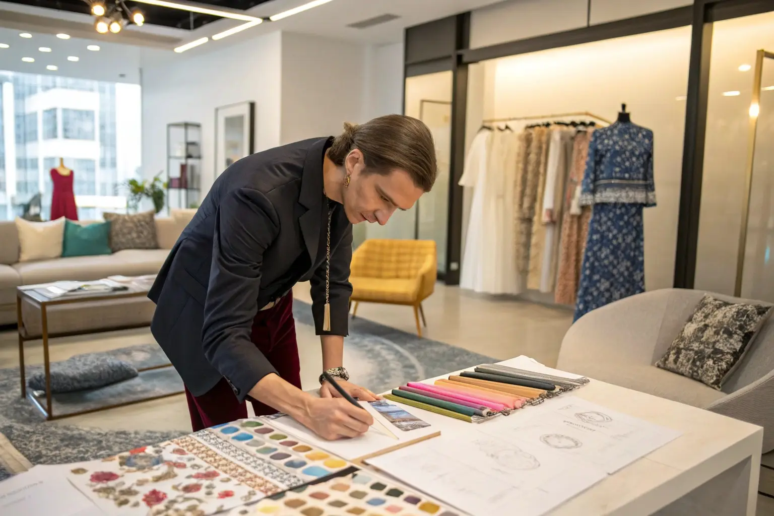 Fashion designer sketching new clothing designs in studio