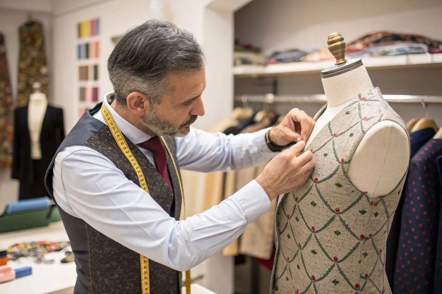 Tailor adjusting custom vest on mannequin in fashion studio