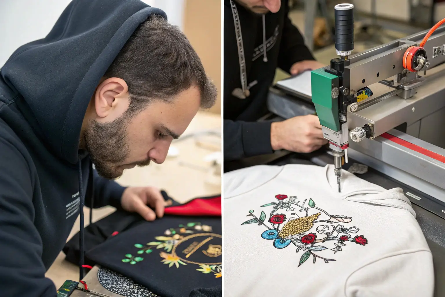 Designer crafting embroidery on hoodies with precision machine
