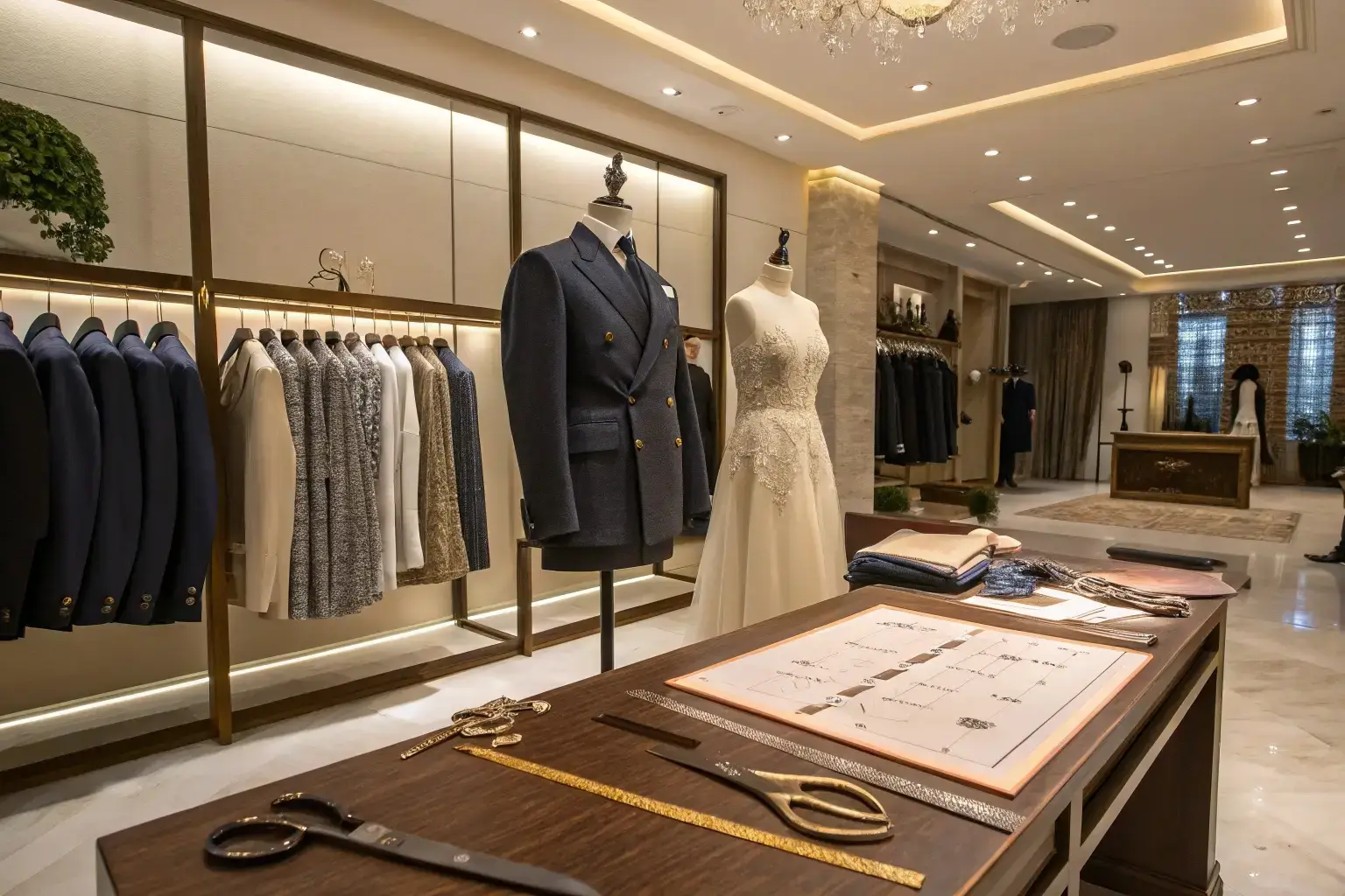 Luxury tailoring boutique with custom suits and wedding dresses
