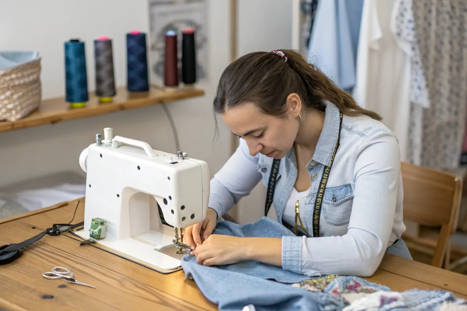 Fashion designer sewing custom garment in workshop