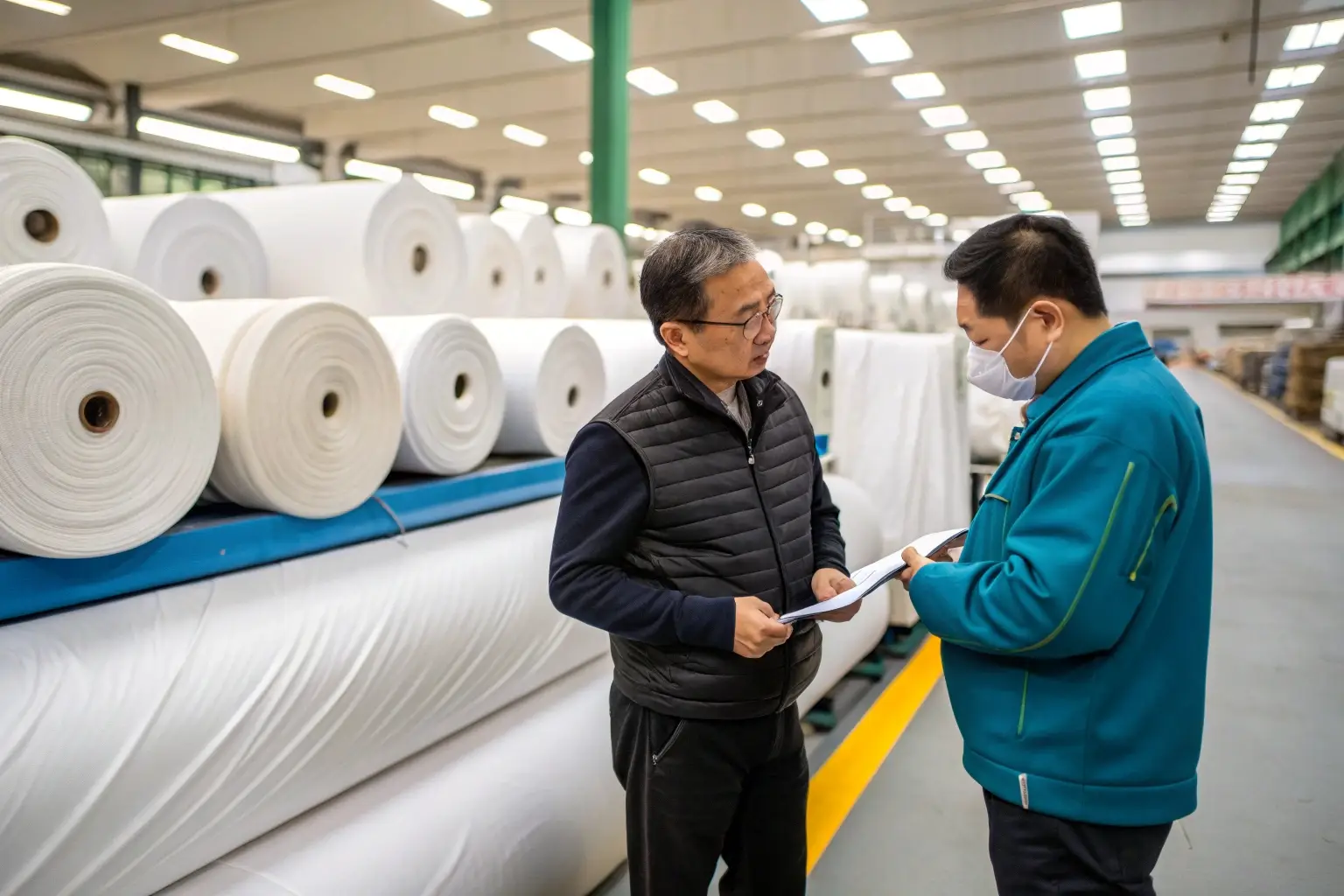 Fabric manufacturers discussing production details in textile factory