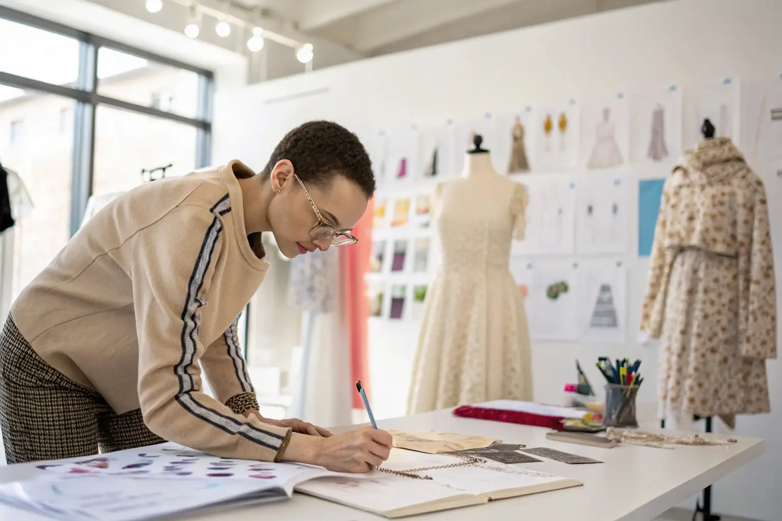 Fashion designer working on bridal dress sketches in studio