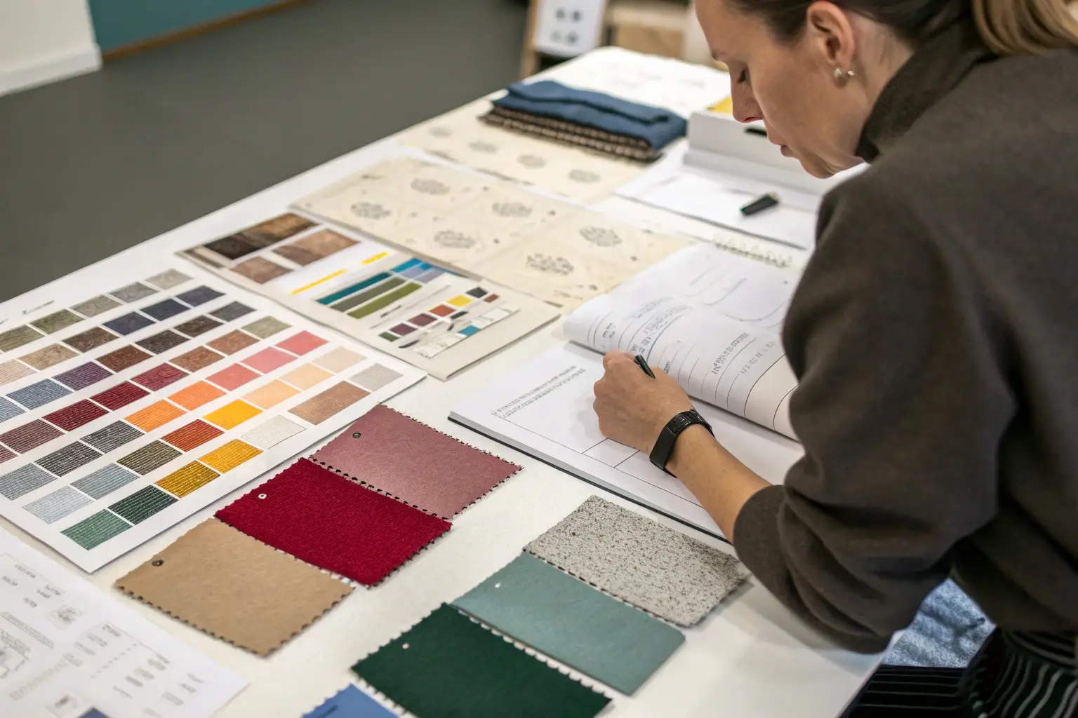Fashion designer working with fabric swatches and color palettes